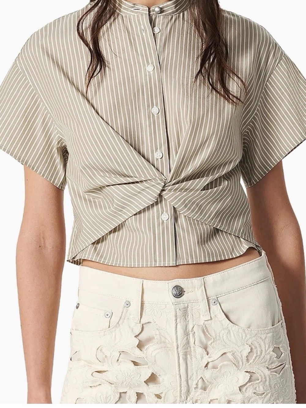 rag & bone Beige and White Striped Twist-Front Crop Top